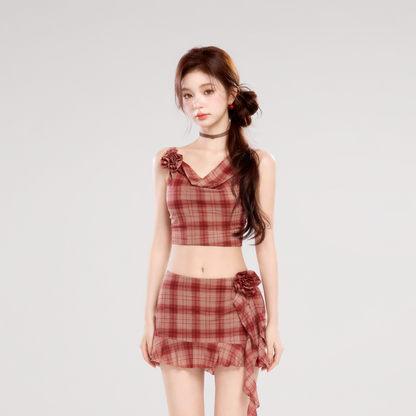 Plaid Cowl Neck Skort Set