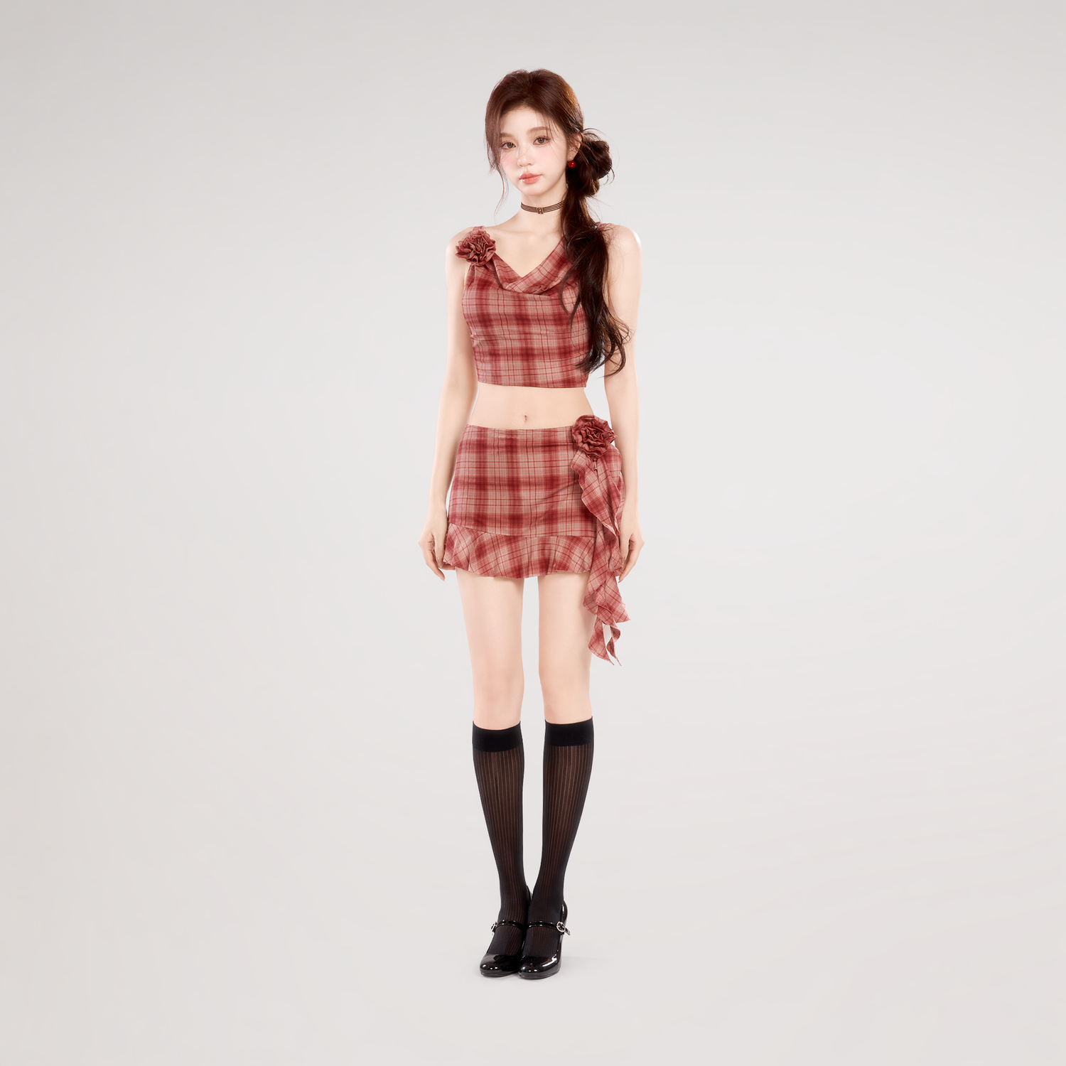 Plaid Cowl Neck Skort Set