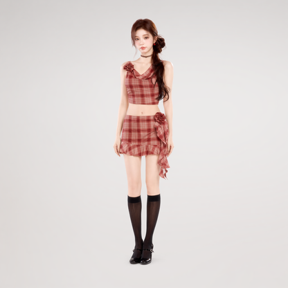 Plaid Cowl Neck Skort Set