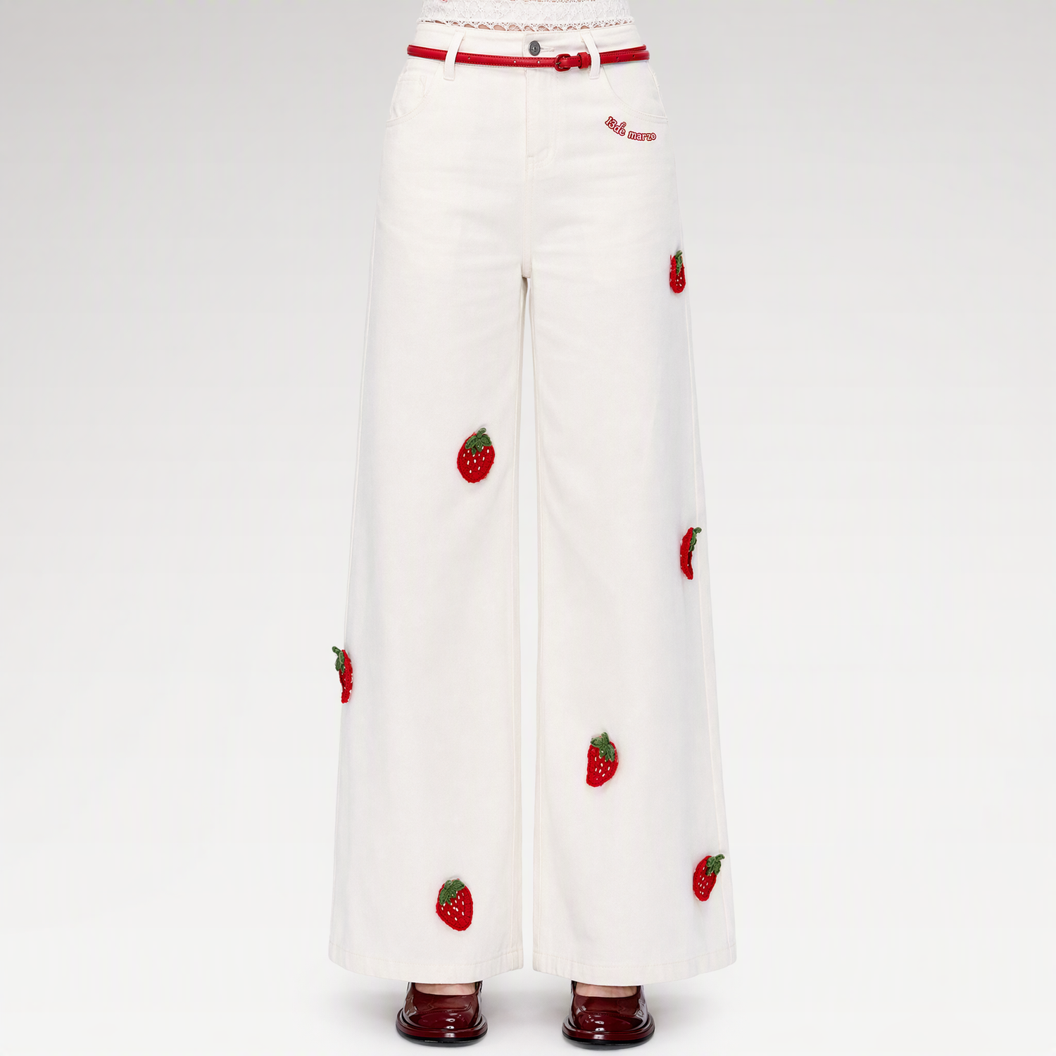 Fruit Embroidered Wide-Leg Pants