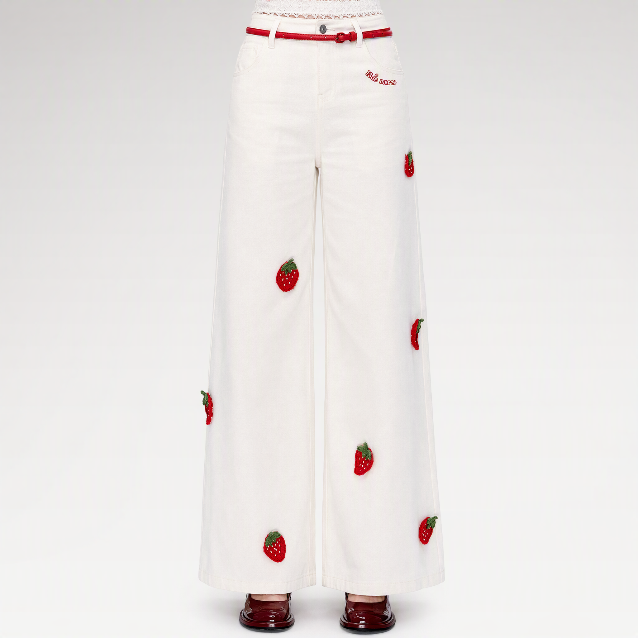 Fruit Embroidered Wide-Leg Pants