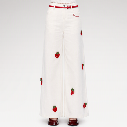 Fruit Embroidered Wide-Leg Pants