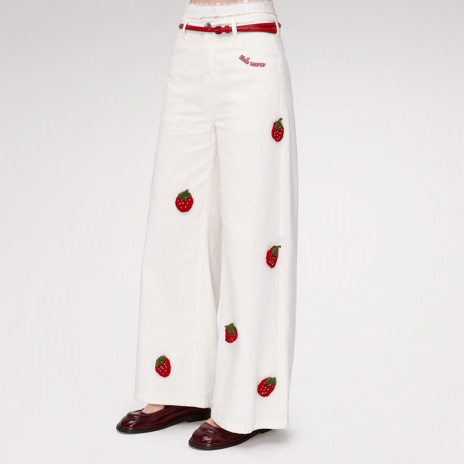Fruit Embroidered Wide-Leg Pants
