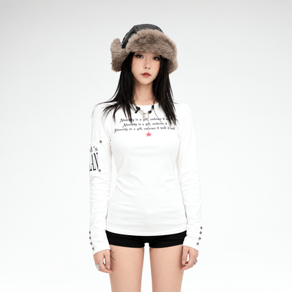 Studded Slogan Fitted Long-Sleeve Top