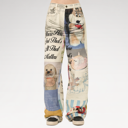 Washed Print Wide-Leg Jeans