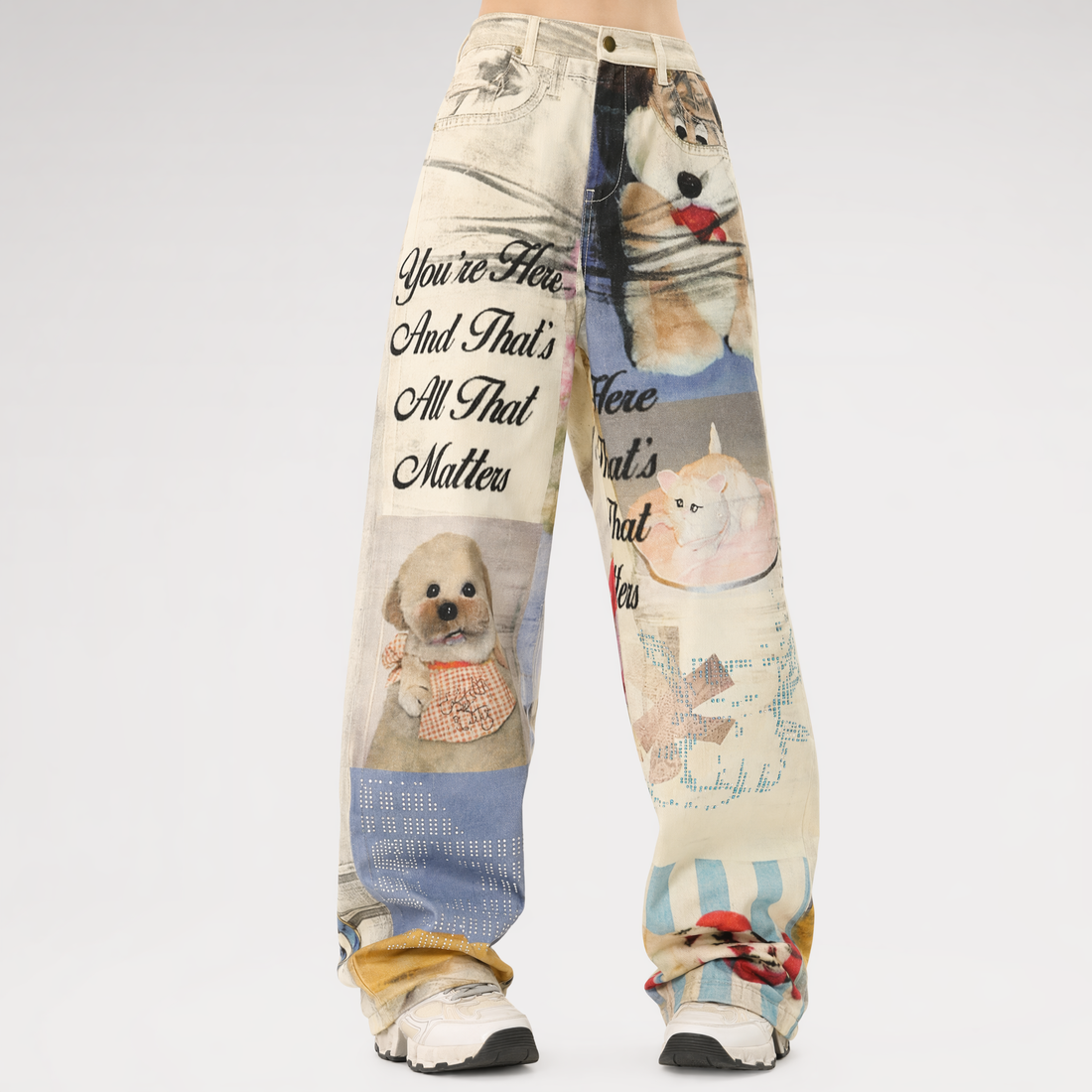 Washed Print Wide-Leg Jeans