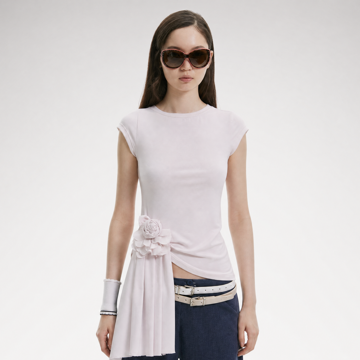Asymmetric Flower Short Sleeve Top
