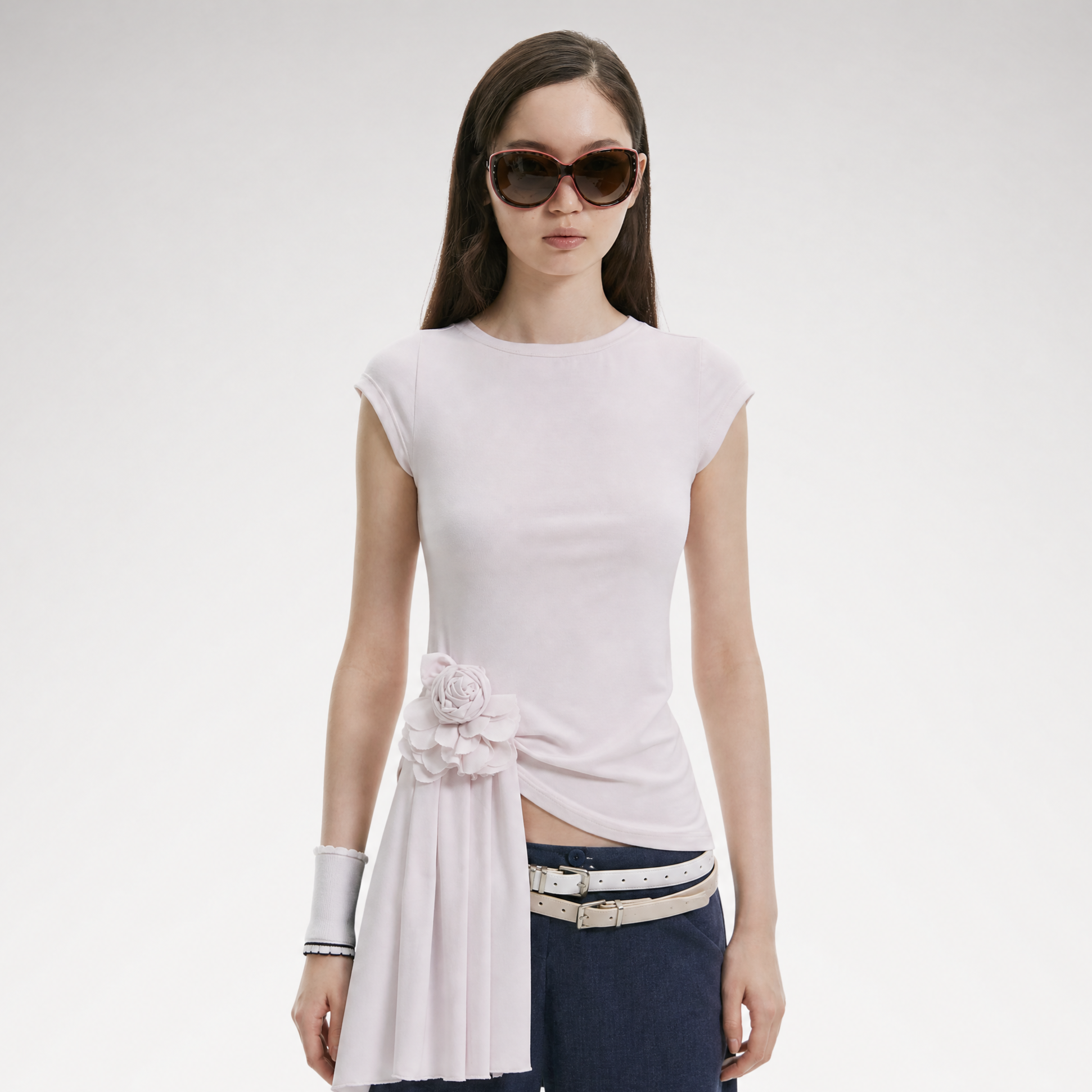 Asymmetric Flower Short Sleeve Top