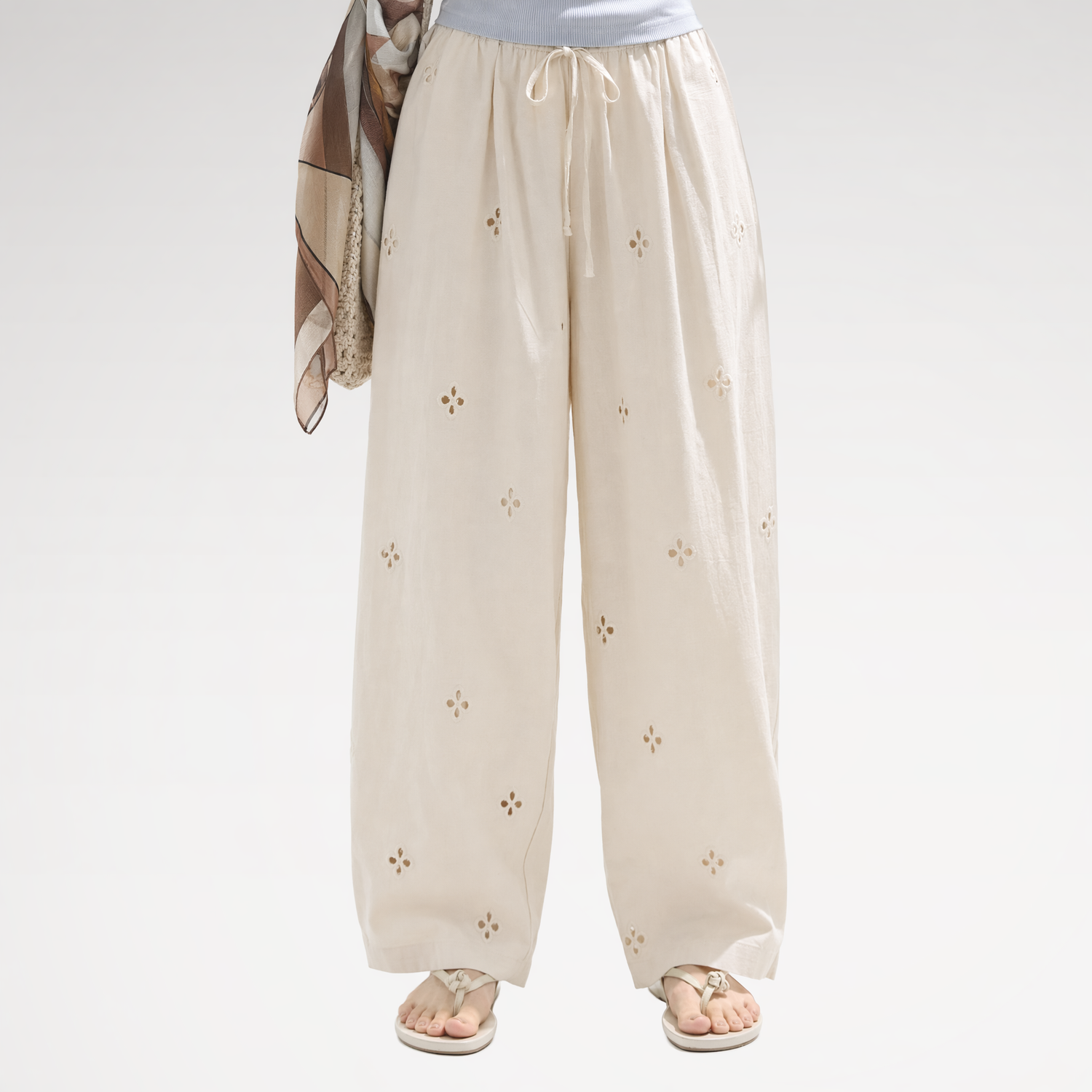 Cotton Eyelet Wide-Leg Pants