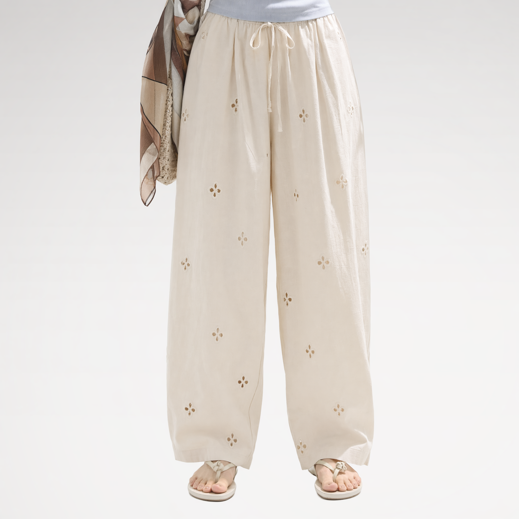 Cotton Eyelet Wide-Leg Pants