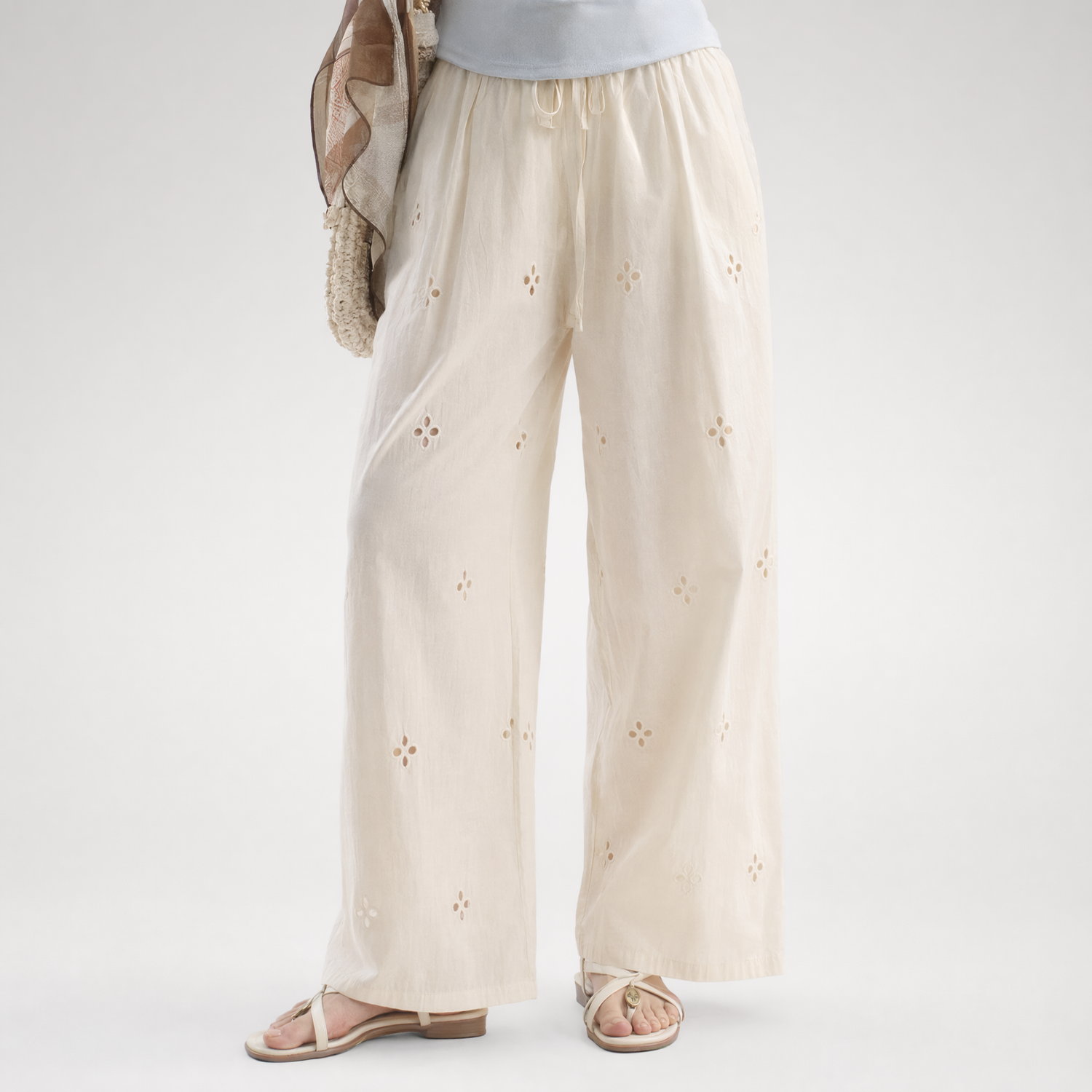 Cotton Eyelet Wide-Leg Pants