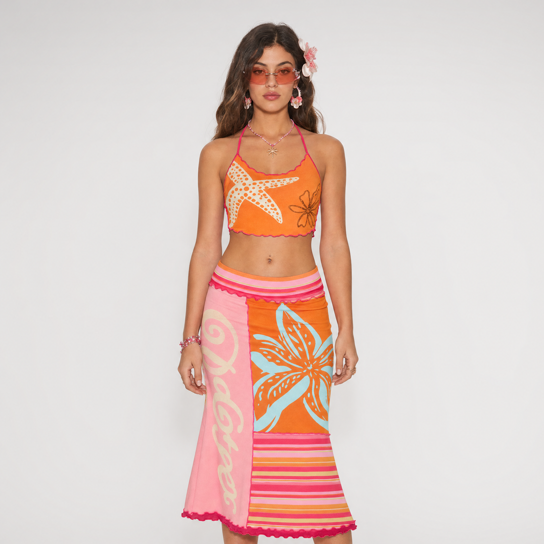 Mesh Patchwork Midi Skirt