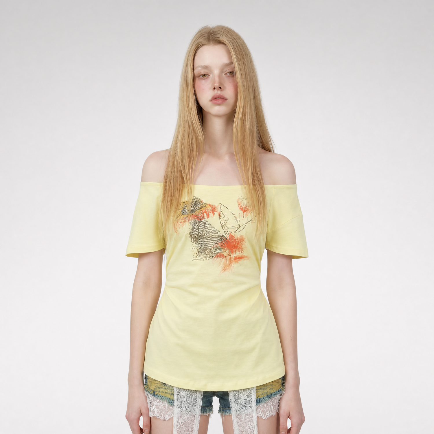 Hand-Drawn Floral Off-Shoulder Tee