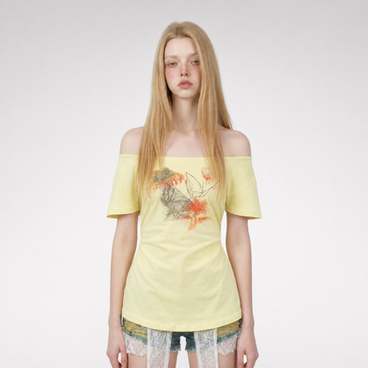 Hand-Drawn Floral Off-Shoulder Tee