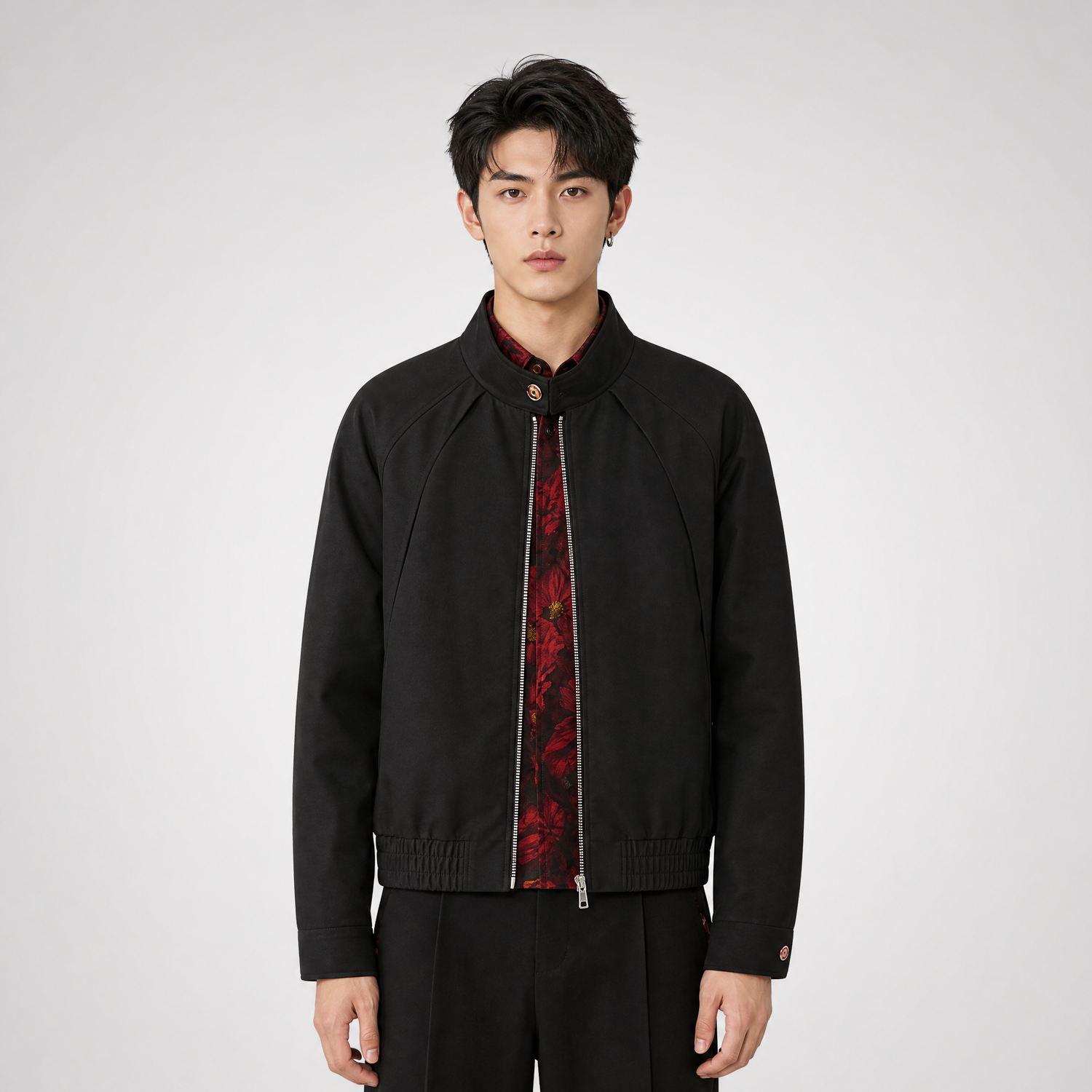 Textured Contrast Harrington Jacket
