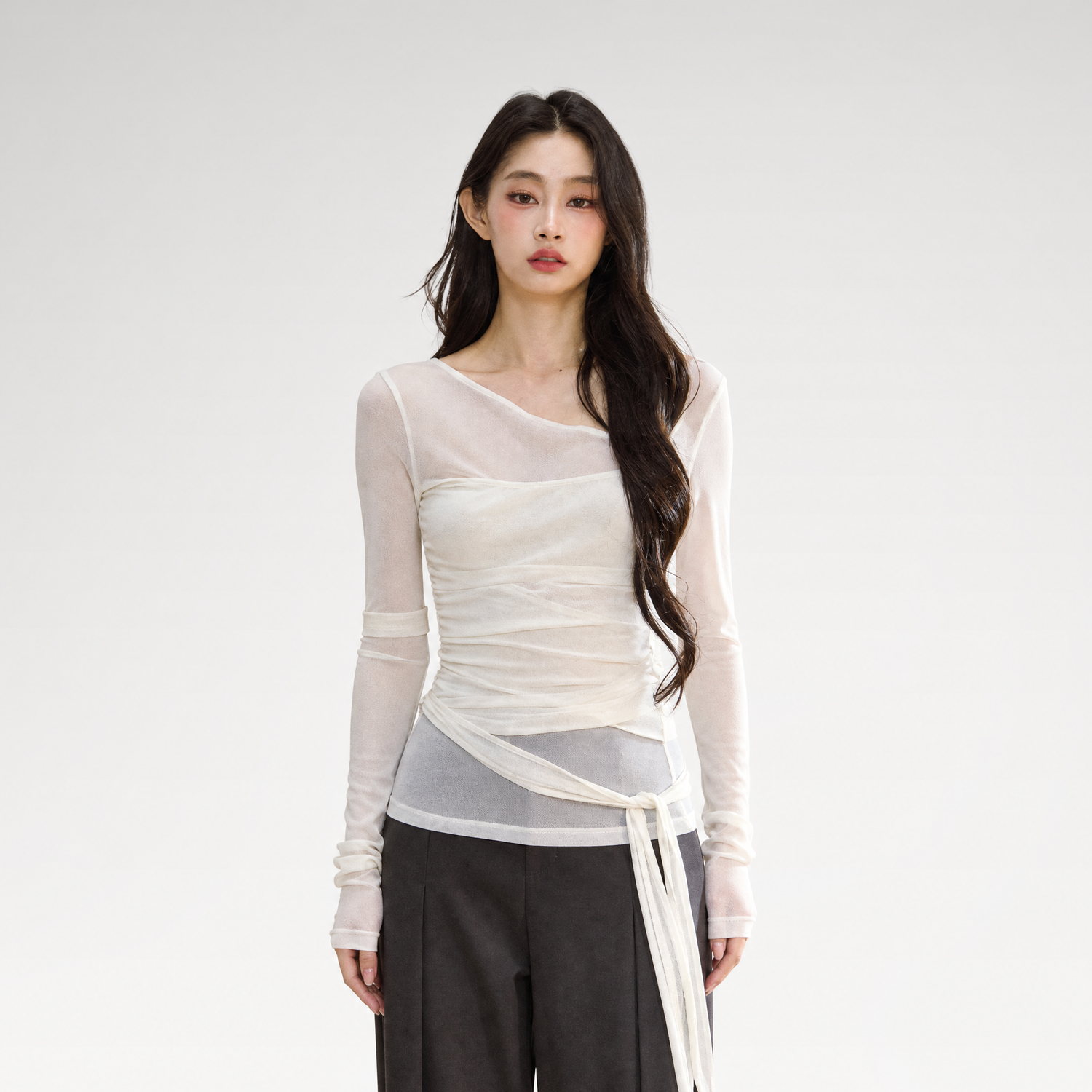 Ruched Sheer Crossover Long-Sleeve Top