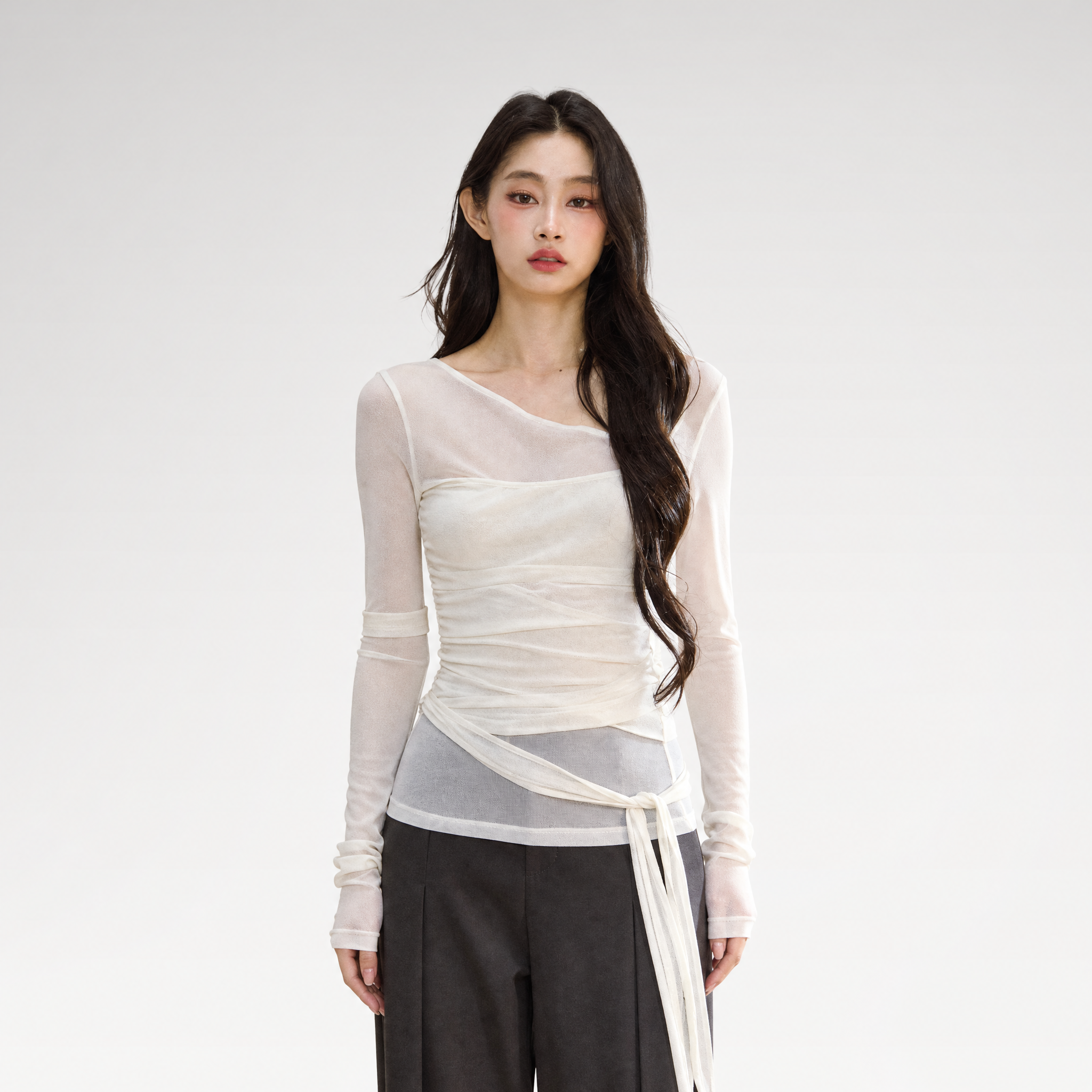 Ruched Sheer Crossover Long-Sleeve Top