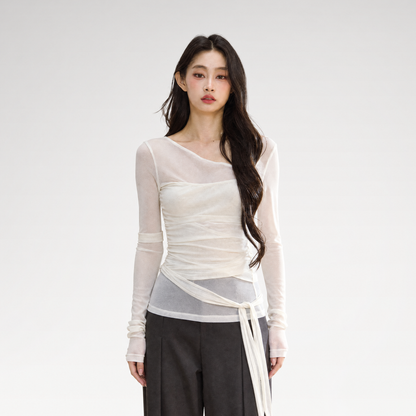 Ruched Sheer Crossover Long-Sleeve Top