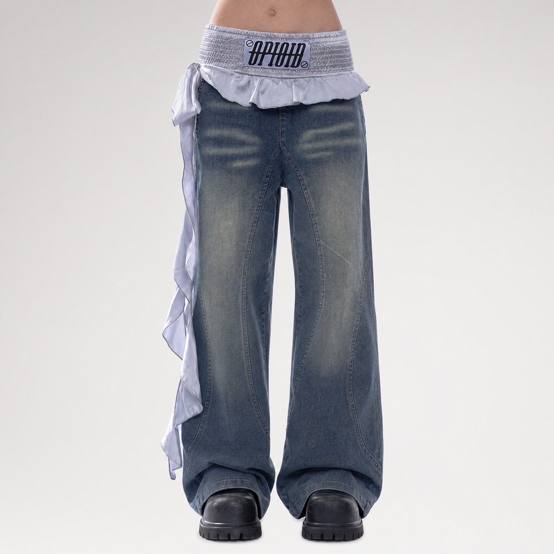 Washed Patchwork Wide-Leg Jeans