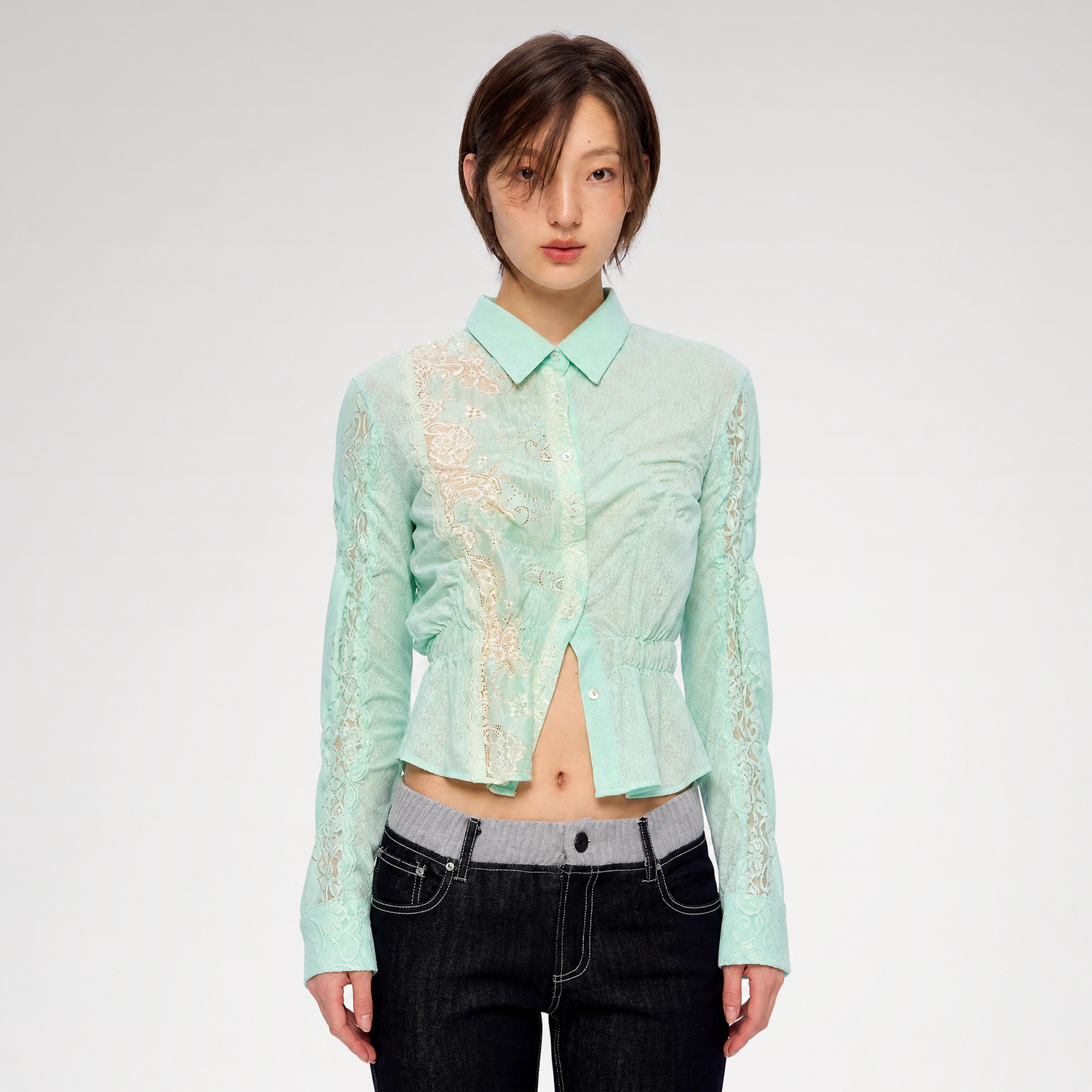 Lace Shirred Peplum Blouse