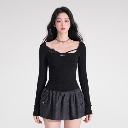 Lace Panel Fitted Long-Sleeve Top