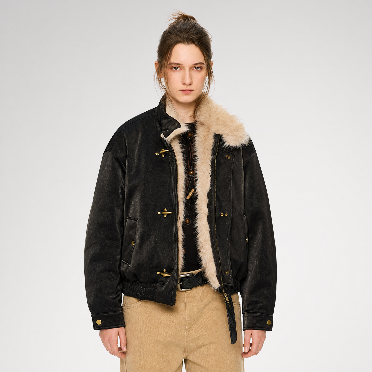 Pearlescent PU Fur-Lined Harrington Jacket