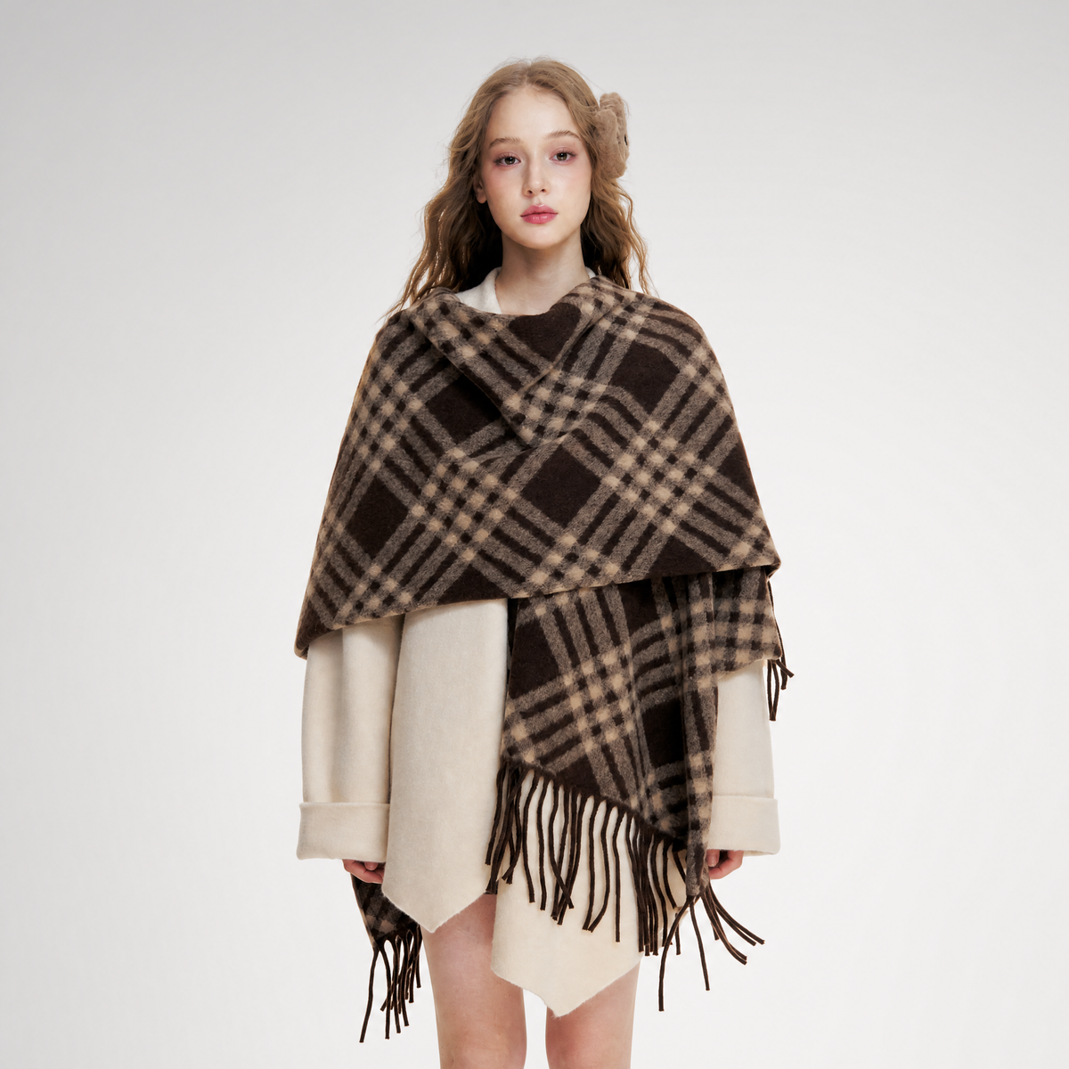 Fleece Checked Fringe Poncho