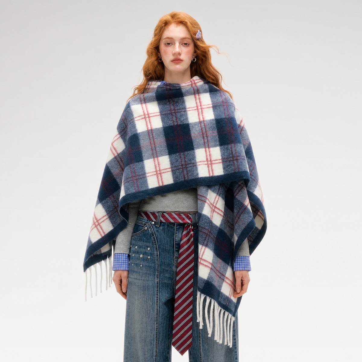Vintage Plaid Fringed Shawl