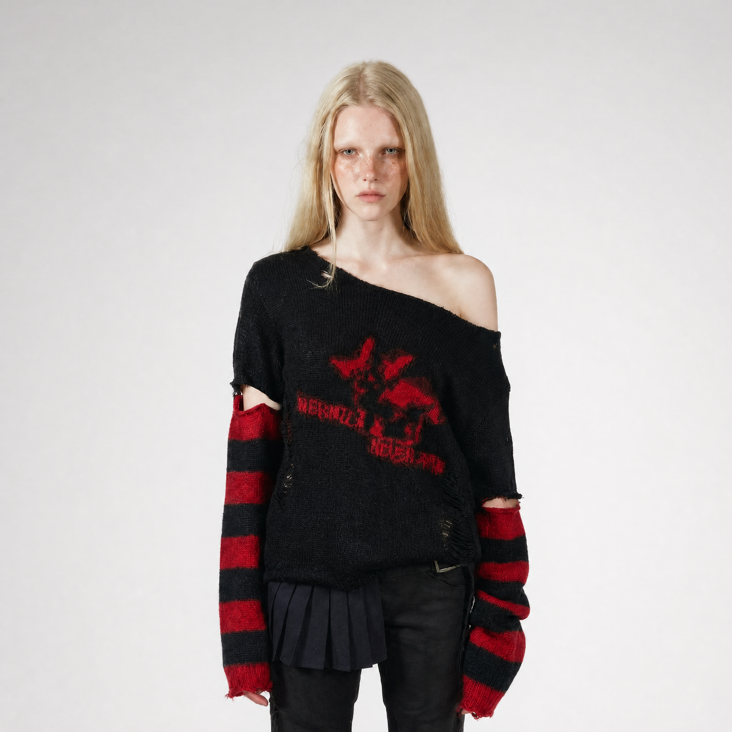Distressed Graphic Off-Shoulder Knit