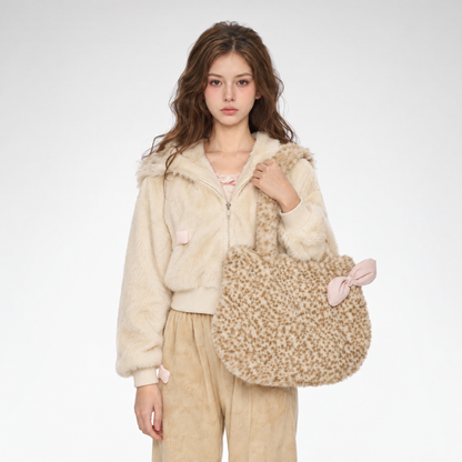Leopard Plush Bow Shoulder Bag
