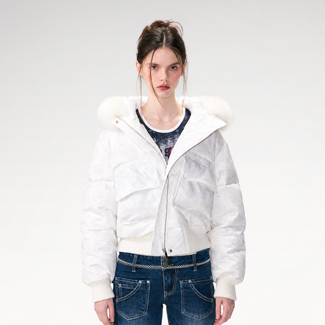 Printed Cropped Hooded Down Jacket
