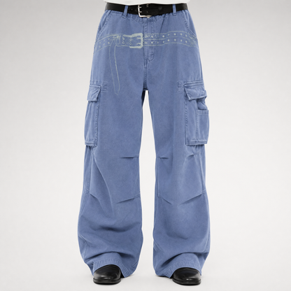 Washed Distressed Wide-Leg Cargo Pants