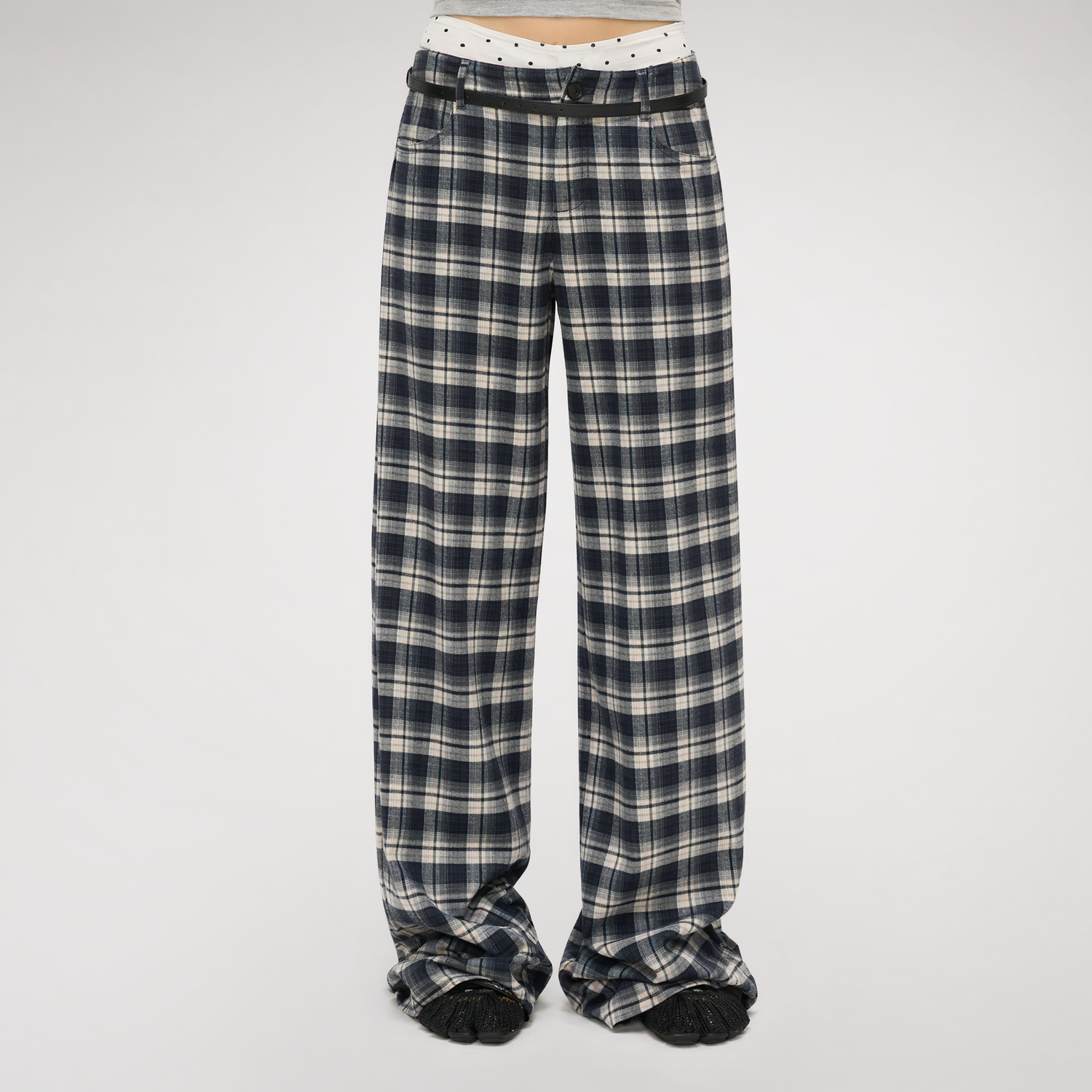 Brushed Plaid Wide-Leg Pants