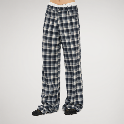 Brushed Plaid Wide-Leg Pants