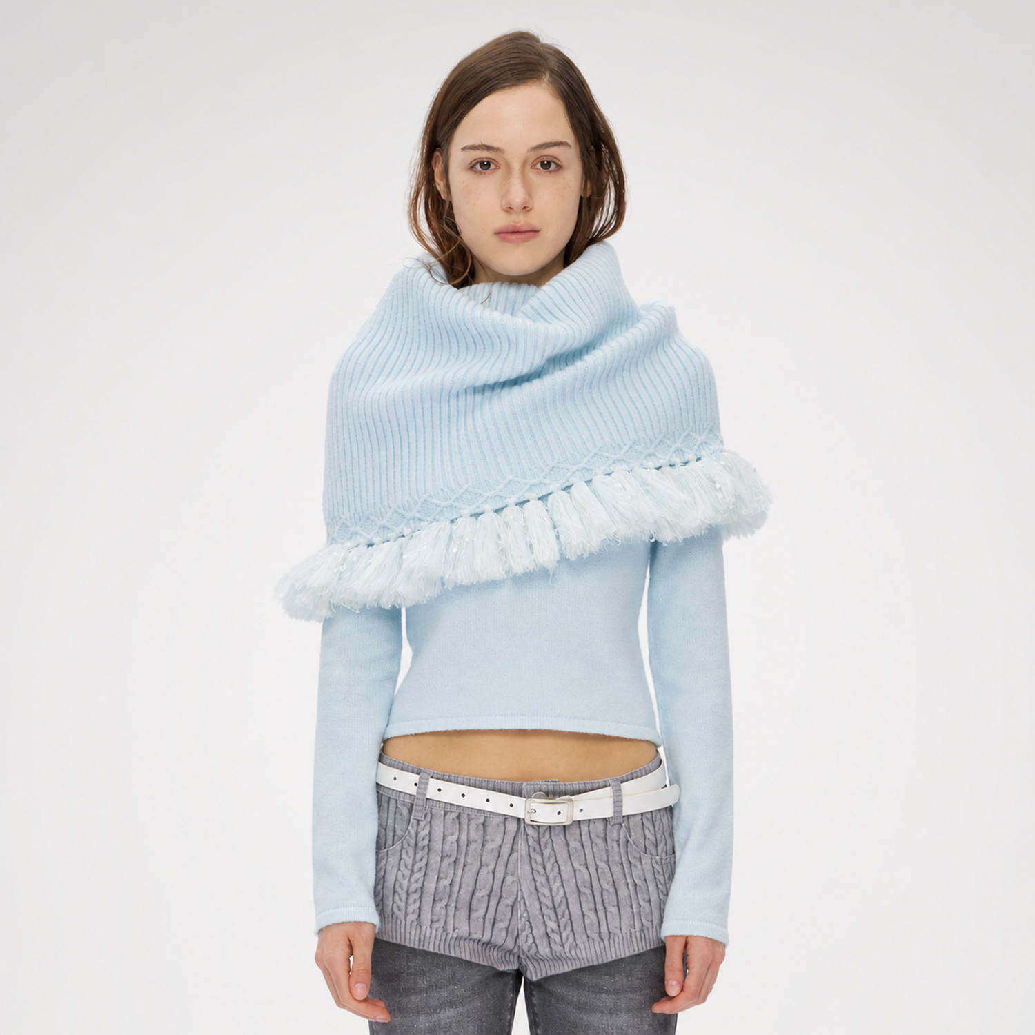 Fringed Ribbed Turtleneck Knit Top