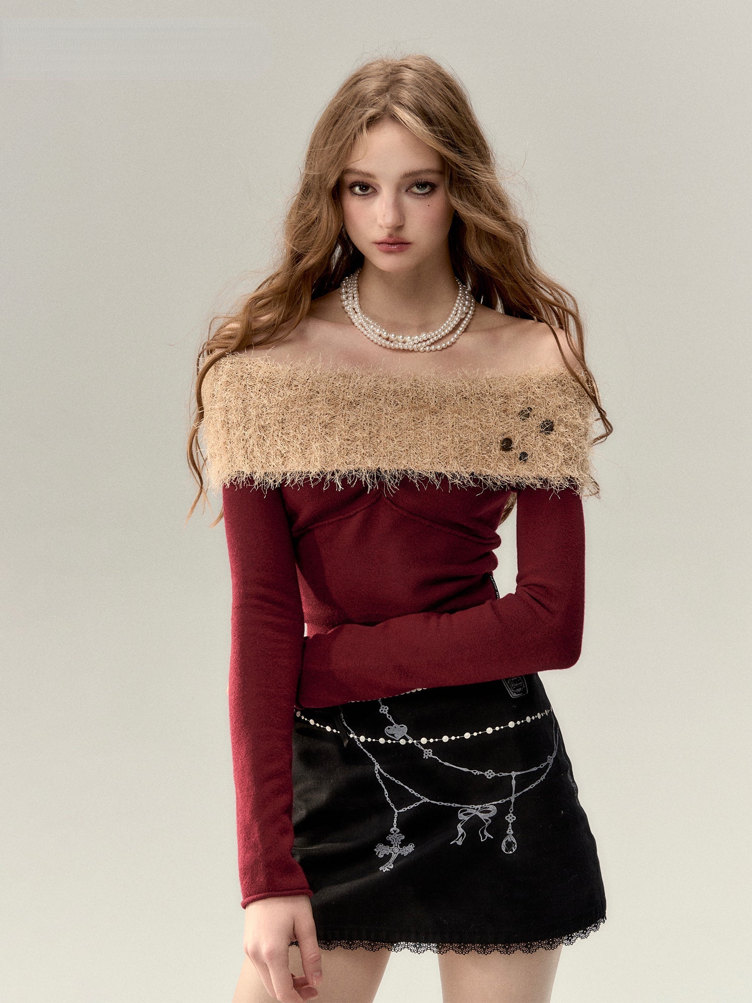 Red &amp; Khaki Off-shoulder Wool Knitted Sweater - CHINASQUAD