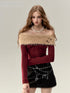 Red & Khaki Off-shoulder Wool Knitted Sweater - CHINASQUAD