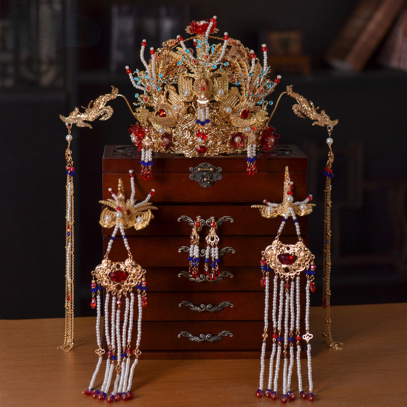 Embroidered Robe Tassel Phoenix Crown Set - CHINASQUAD