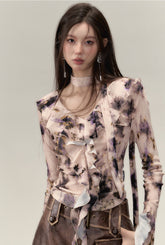 Oil Painting Ruffled V-neck Blouse - CHINASQUAD