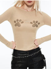 Cat Scratch Embellished Crewneck Long Sleeve T-shirt - CHINASQUAD