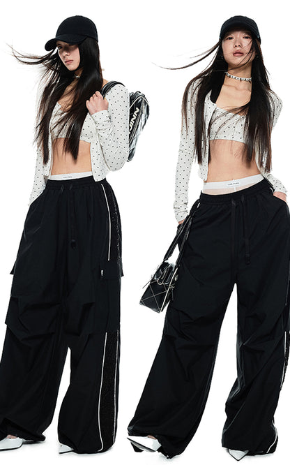 Black &amp; Beige Wide-Legged Windbreaker Pants - CHINASQUAD