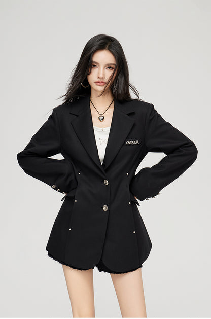 Black Darted Waist Blazer - CHINASQUAD