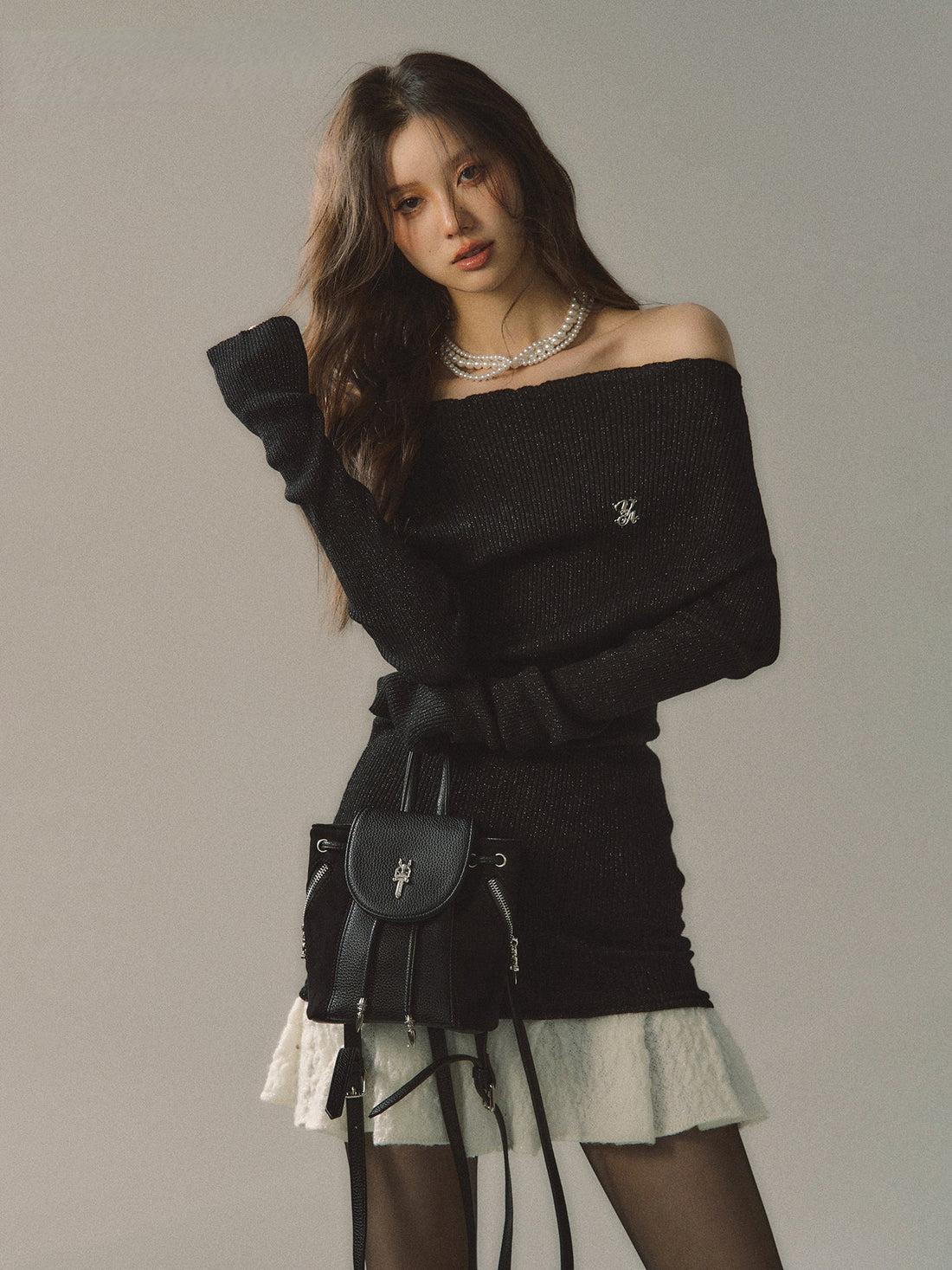 Khaki &amp; Black Off-shoulder Knitted Mini Dress - CHINASQUAD
