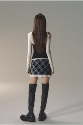 Khaki & Black Patchwork Checkered 2-in-1 Mini Skirt - CHINASQUAD