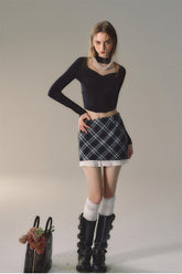 Khaki & Black Patchwork Checkered 2-in-1 Mini Skirt - CHINASQUAD