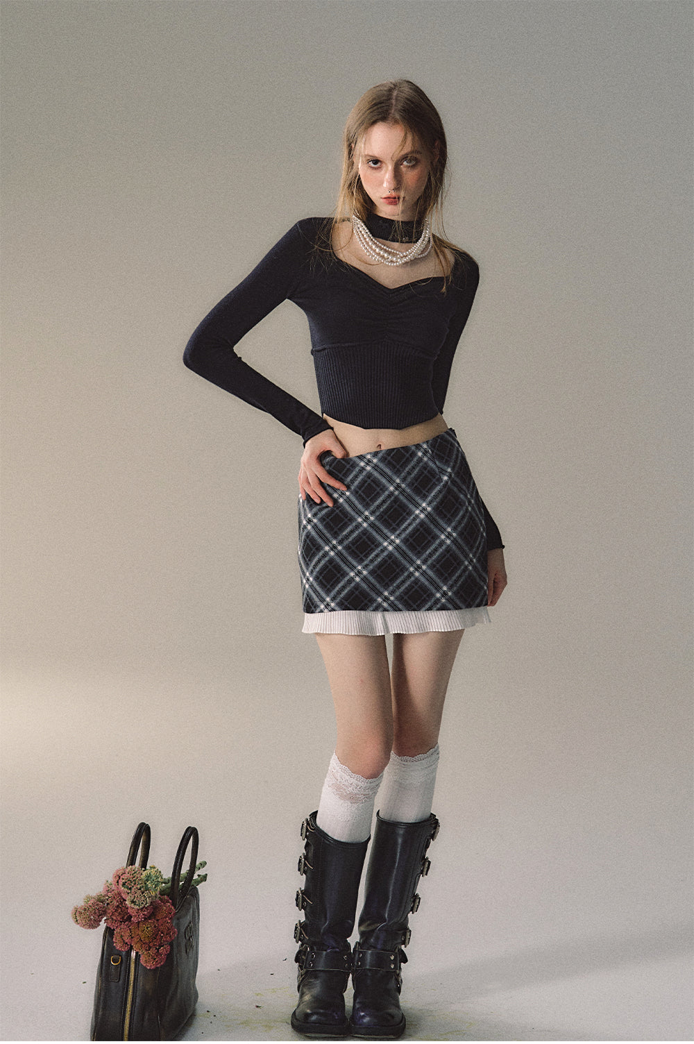 Khaki &amp; Black Patchwork Checkered 2-in-1 Mini Skirt - CHINASQUAD