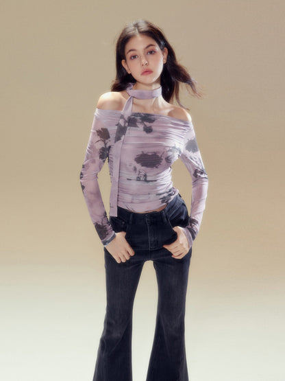 Purple Rose Printed Mesh Long Sleeve T-shirt - CHINASQUAD