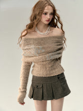 Black & Khaki Off-shoulder Wool Knitted Sweater - CHINASQUAD