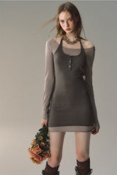 2-in-1 Neck Wool Mini Dress - CHINASQUAD