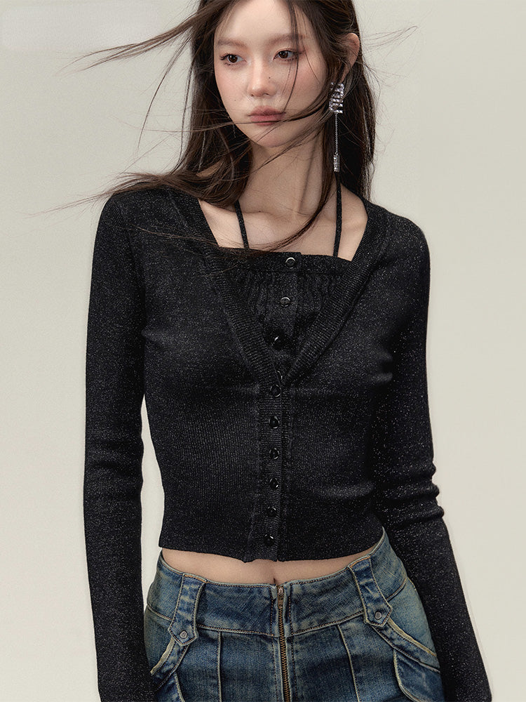 Black &amp; Blue 2-in-1 Short V-neck Sweater - CHINASQUAD